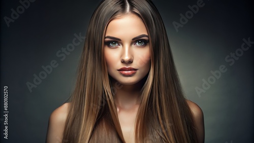 Studio portrait of a woman with long, straight hair and middle part.