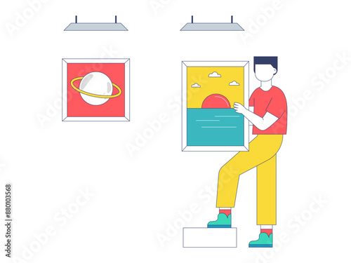 Workers are installing paintings in the museum. Museum vector illustration