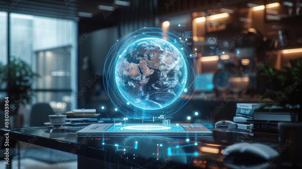 Obraz premium Futuristic Technology in Business Office - Tablet Hologram with Global Icons
