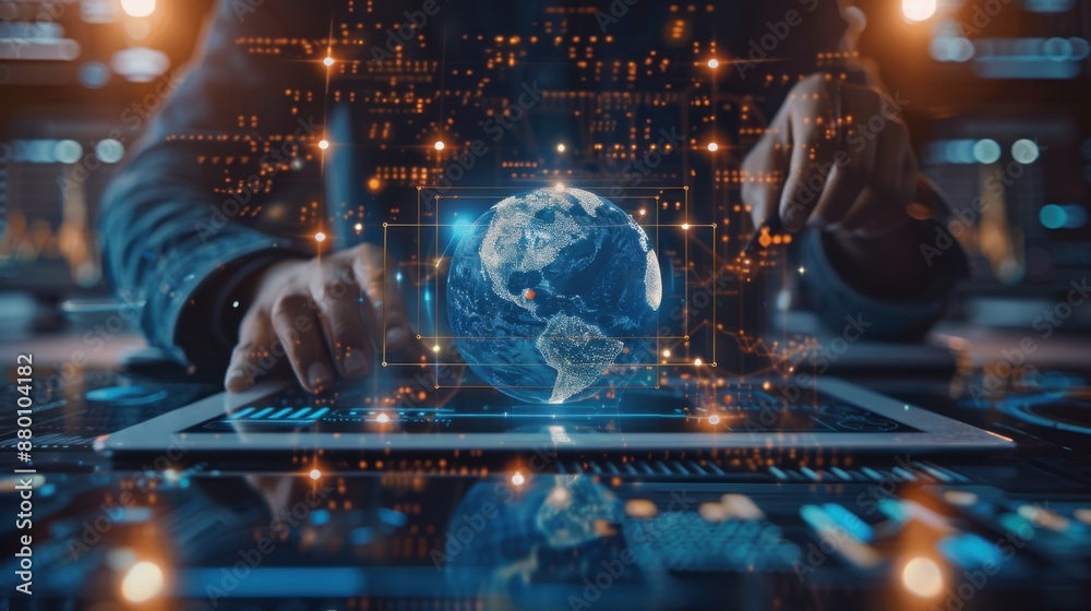 Fototapeta premium Global Business Technology Concept - Professional Using Digital Tablet with Globe and Icons in Modern Office