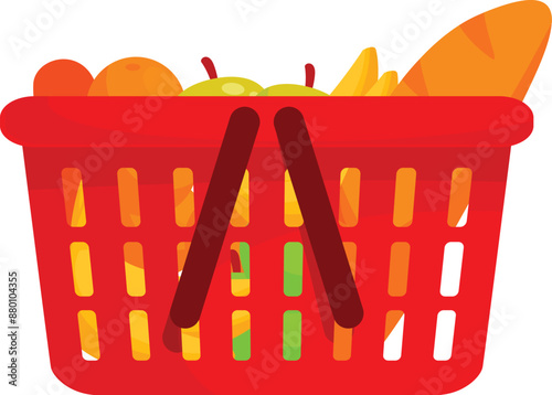 Red shopping basket full of groceries including fresh fruits and bread, isolated on white background