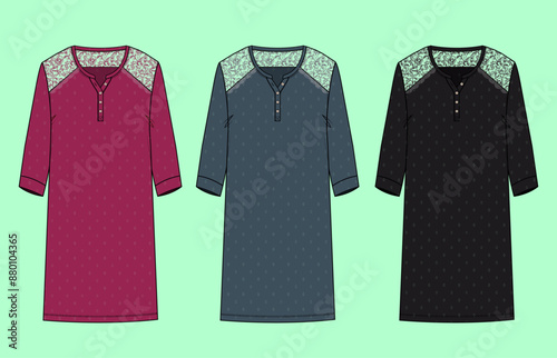 ladies nightwear lace long leg dress fashion illustration flat sketch vector. red, teal, black color dress. 