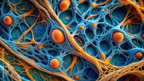 Microscopic structure fibrous connective tissue Intertwined spongy blue and orange layers, connective, tissue, spongy, fibrous, layers, blue, Microscopic photo