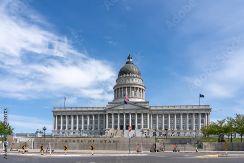 Salt Lake City, Utah, USA - May 12, 2023: Utah State Capitol on Capitol Hill in Salt Lake City, USA. The Utah State Capitol is the house of government for the U.S. state of Utah. photo