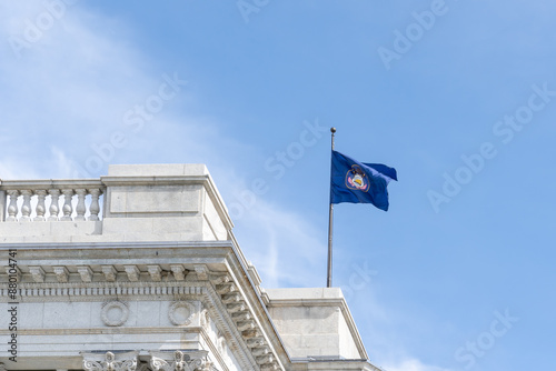 Salt Lake City, Utah, USA - May 12, 2023: Flag of Utah on Utah State Capitol building in Salt Lake City, Utah, USA.  photo