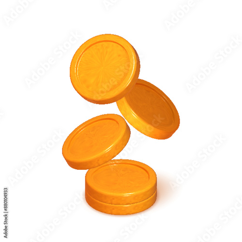 3D gold coin. Stacks of money representing finance, investment, and savings. Game elements include a pile of golden pennies. Treasure heap in a creative cartoon design.