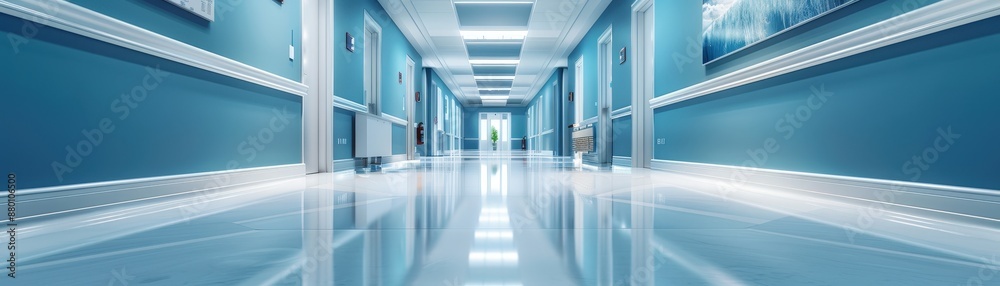 A wide-angle view of a modern hospital corridor with bright lighting, clean design, and blue walls, ideal for healthcare and medical themes. A wide-angle view of a modern hospital corridor with bright lighting, clean design, and blue walls, ideal for healthcare and medical themes.