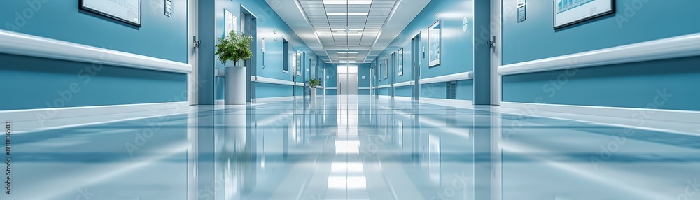 Fototapeta premium A contemporary hospital corridor featuring clean, shiny floors, blue walls, and natural light streaming in, creating a calm and sterile environment.