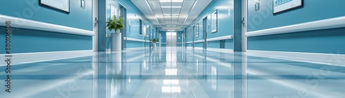 A contemporary hospital corridor featuring clean, shiny floors, blue walls, and natural light streaming in, creating a calm and sterile environment.