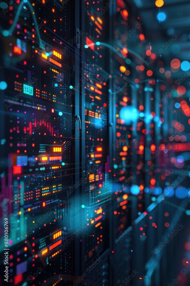 A vibrant and futuristic data center featuring rows of servers illuminated by colorful LED lights, showcasing advanced technology and digital infrastructure.