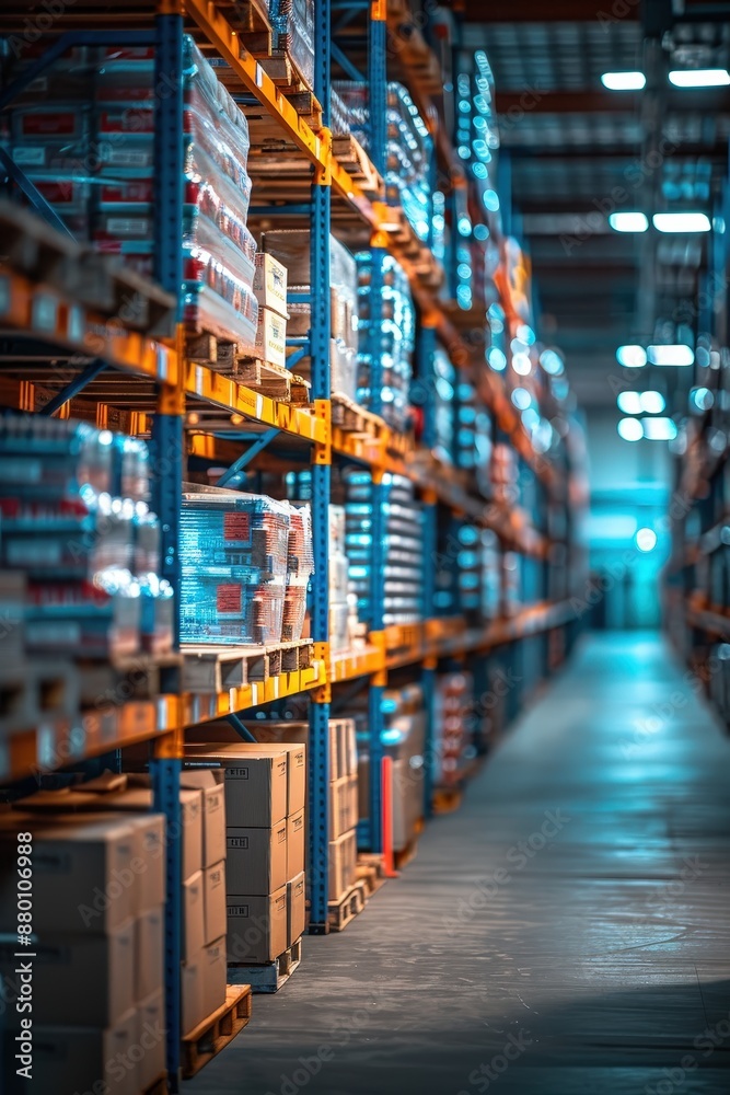 A well-organized warehouse interior featuring stacked shelves filled with boxes and products, showcasing industrial storage solutions. A well-organized warehouse interior featuring stacked shelves filled with boxes and products, showcasing industrial storage solutions.