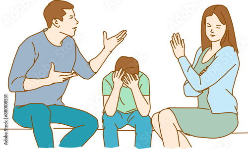 sad little boy and his quarrelling parents at home