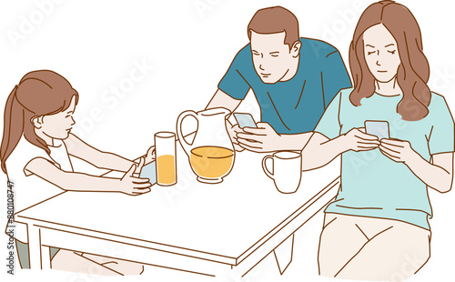 family using smartphones while sitting at kitchen table near served breakfast