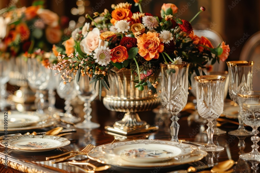 Royal table setting with gold cutlery and crystal glasses. Royal table setting with gold cutlery and crystal glasses.