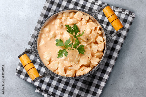 homemade chicken stroganoff in pan on cement table photo