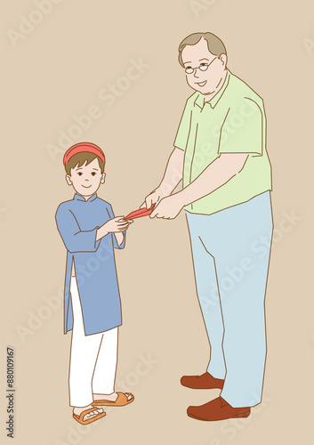 grandfather giving lucky money to grandson on new year vietnam tet