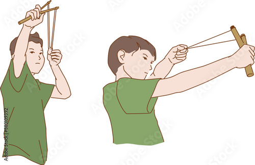 boy holding slingshot with stone,