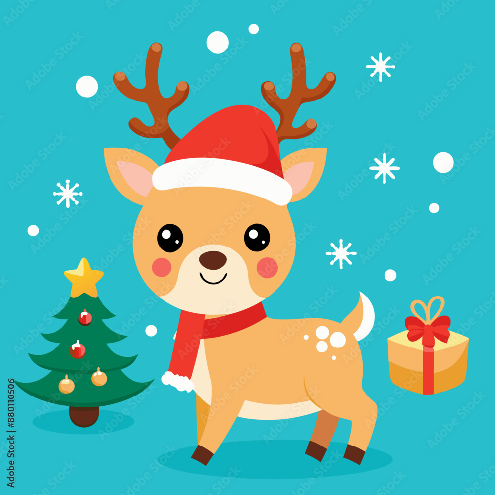 Merry Christmas, Happy New Year and Funny Baby Reindeer with Santa Hat Vector Illustration Merry Christmas, Happy New Year and Funny Baby Reindeer with Santa Hat Vector Illustration