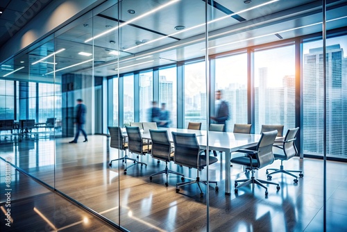 Immagine verticale di una riunione sfocata in un ufficio di vetro, vetro, Immagine, ufficio