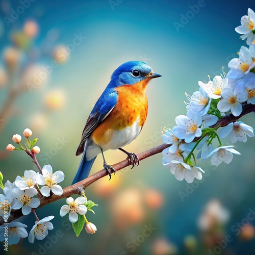 Blue and orange bird on a blossoming branch , Blue, blossoming