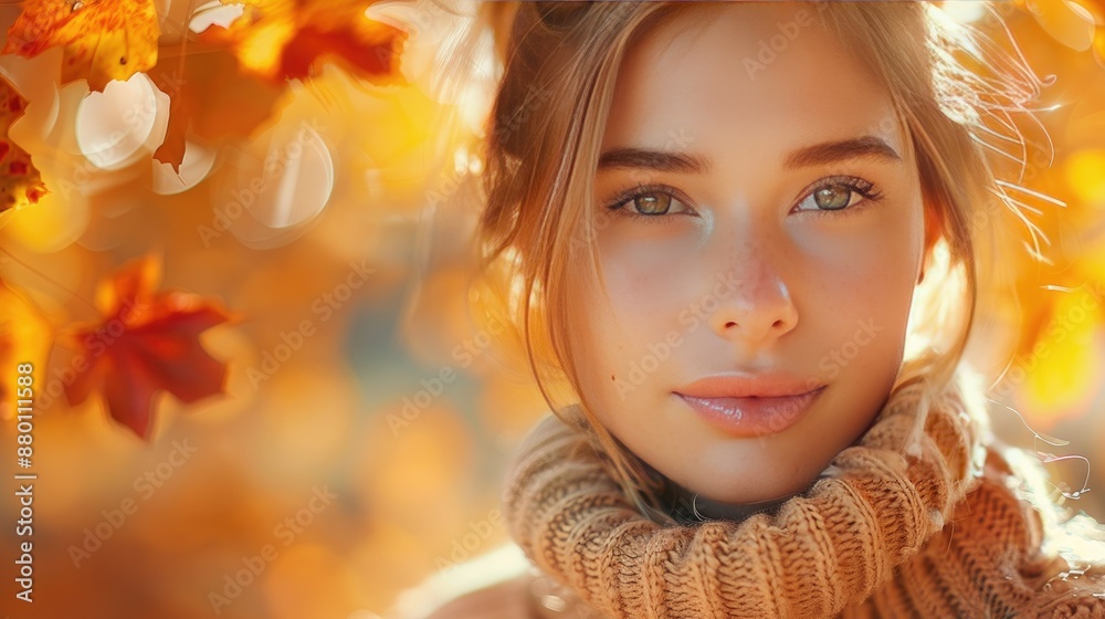 Fototapeta premium Close-Up Portrait of a Young Woman in Autumn with Falling Leaves and Cozy Sweater