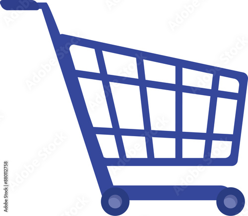 Blue shopping cart standing on white background, representing online shopping and retail concepts