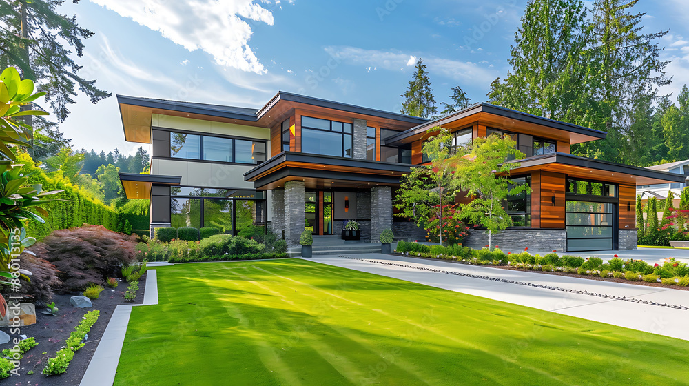 A contemporary luxury home with a spacious front yard featuring a well-maintained green lawn and a grand driveway A contemporary luxury home with a spacious front yard featuring a well-maintained green lawn and a grand driveway