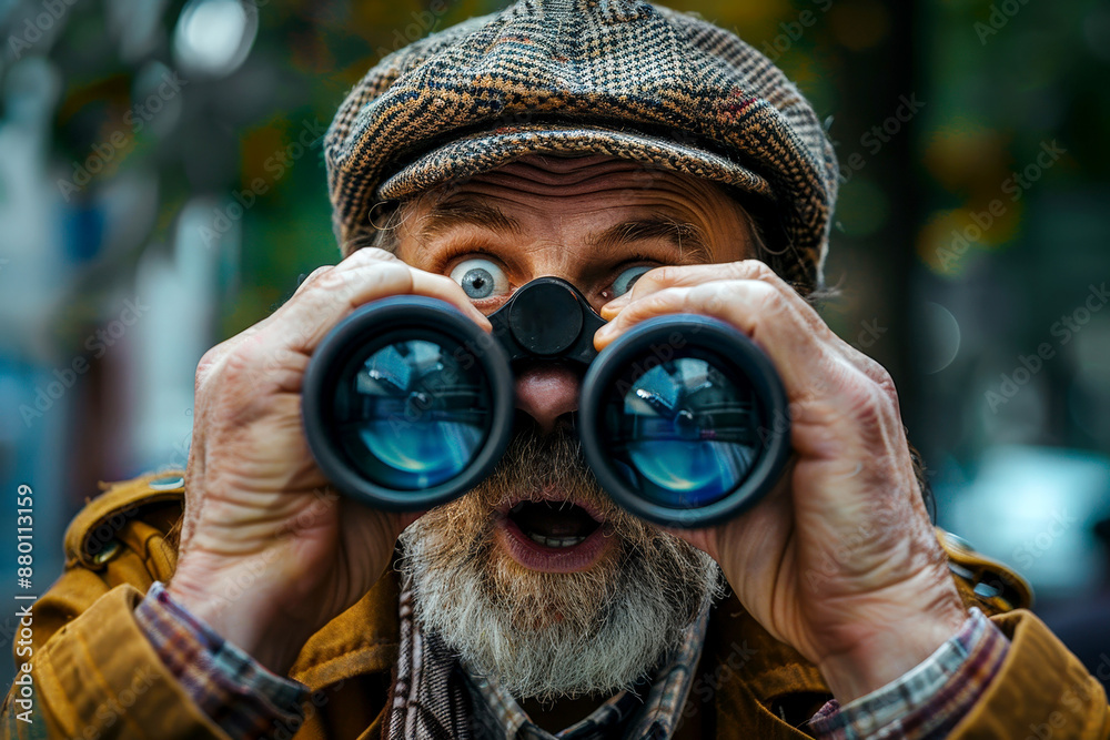 Fototapeta premium A elder man tie using binoculars. ai generative