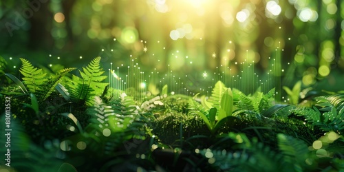 Mystical Forest Glade with Glowing Lights and Lush Greenery at Sunset