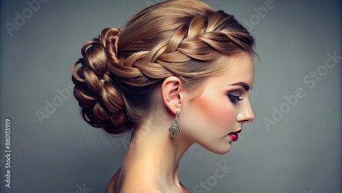 Full head hairstyle of a woman with a side bun and braids. photo