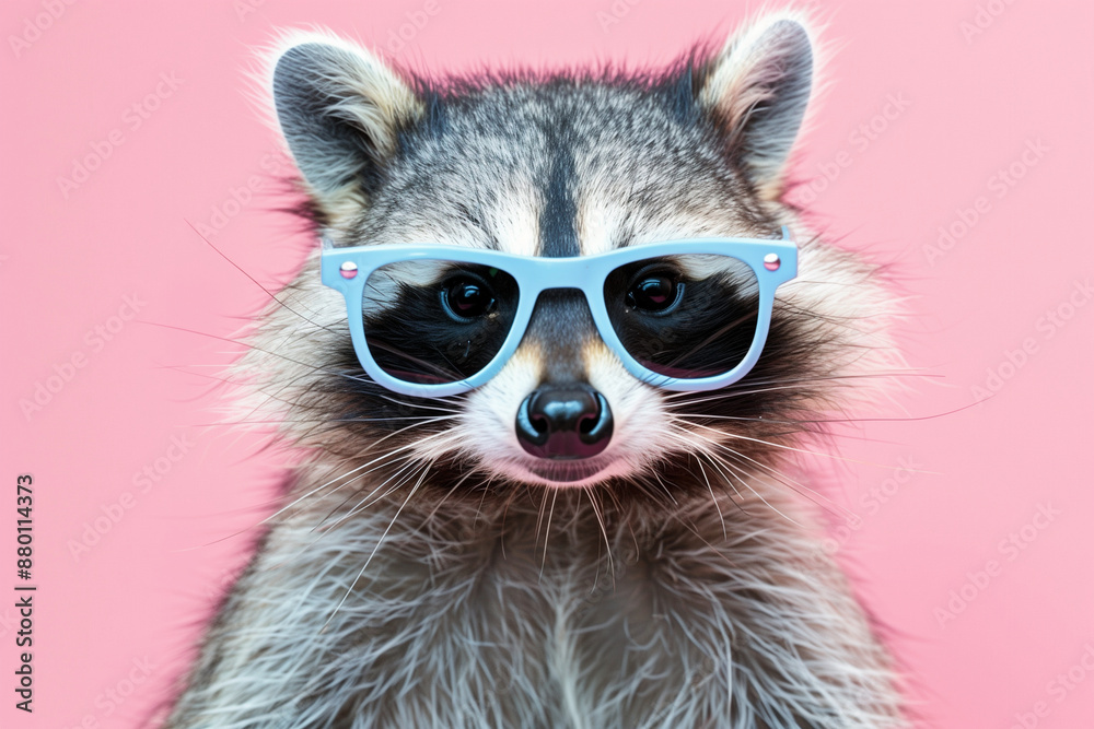 raccoon wearing sunglasses and a blue cap. The raccoon is smiling and looking at the camera raccoon wearing sunglasses and a blue cap. The raccoon is smiling and looking at the camera
