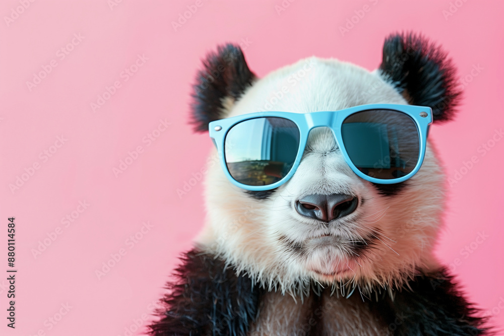 panda bear wearing sunglasses and a blue pair of glasses. The bear is looking at the camera with a serious expression panda bear wearing sunglasses and a blue pair of glasses. The bear is looking at the camera with a serious expression