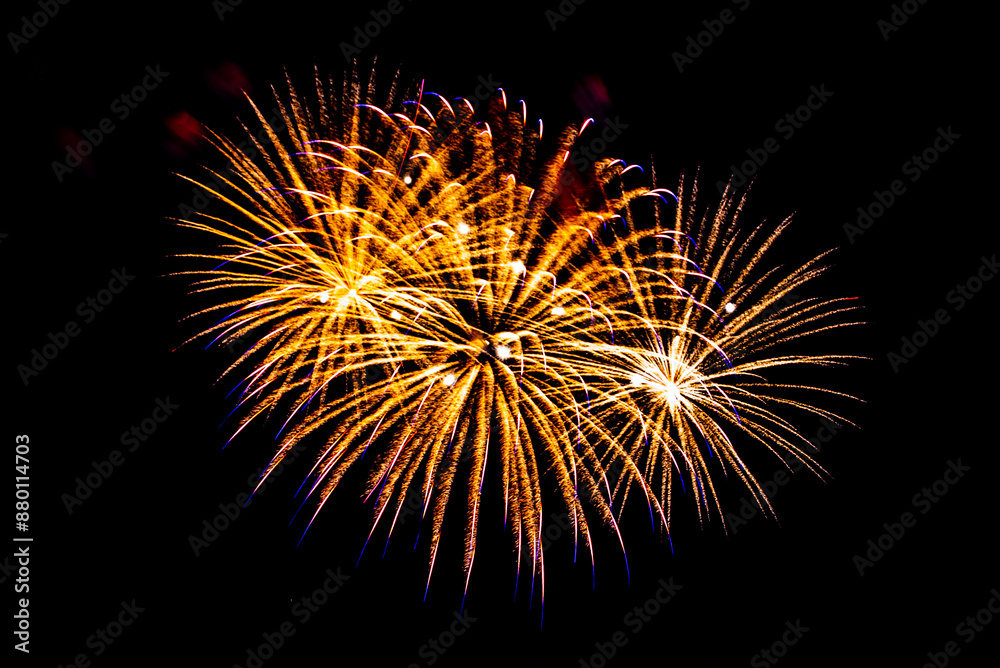 Montreal, Canada - June 27 2024: Fire works show with quarter moon in background at La Ronde in Montreal Montreal, Canada - June 27 2024: Fire works show with quarter moon in background at La Ronde in Montreal