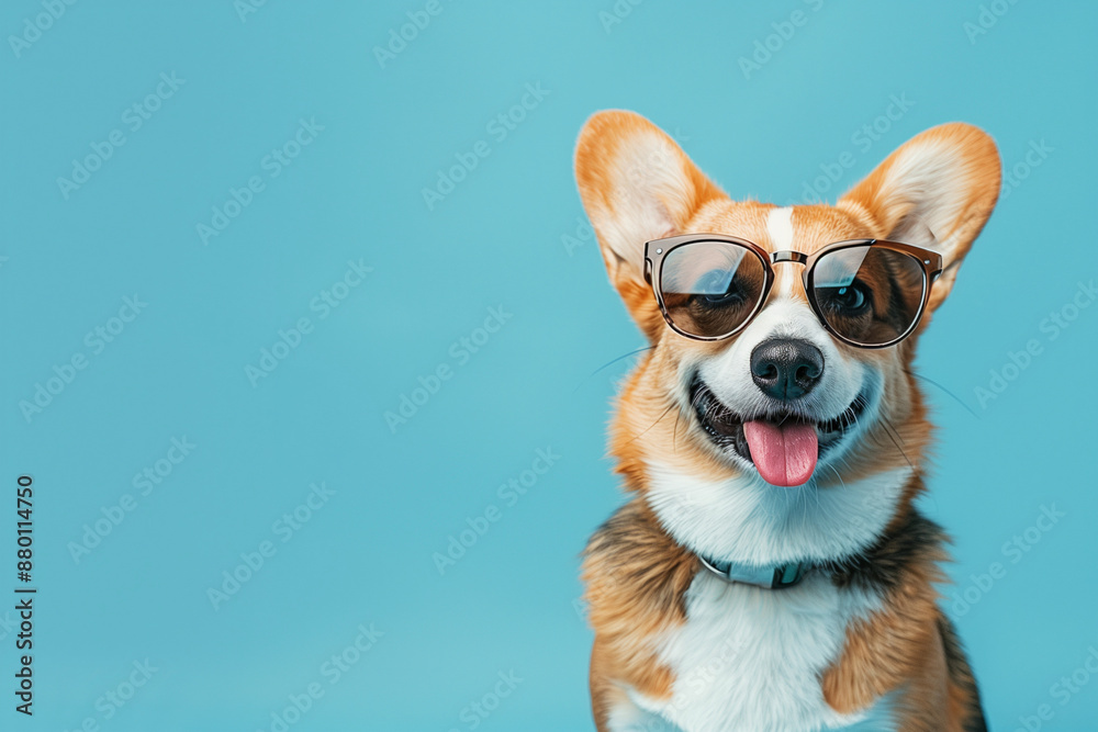 dog wearing sunglasses and a smile on blue background. dog wearing sunglasses and a smile on blue background.