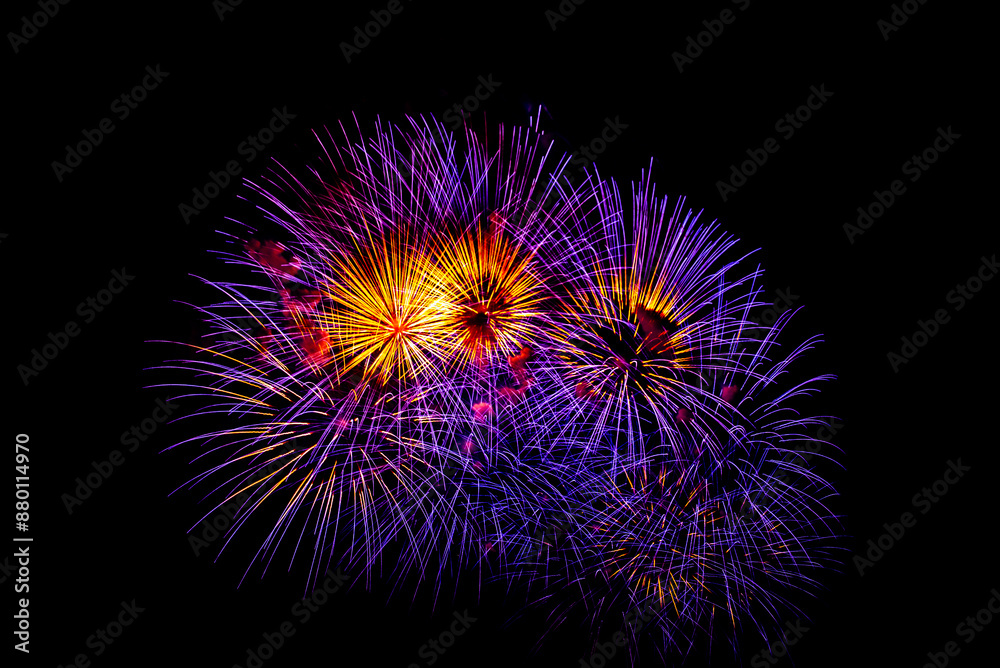 Montreal, Canada - June 27 2024: Fire works show with quarter moon in background at La Ronde in Montreal Montreal, Canada - June 27 2024: Fire works show with quarter moon in background at La Ronde in Montreal