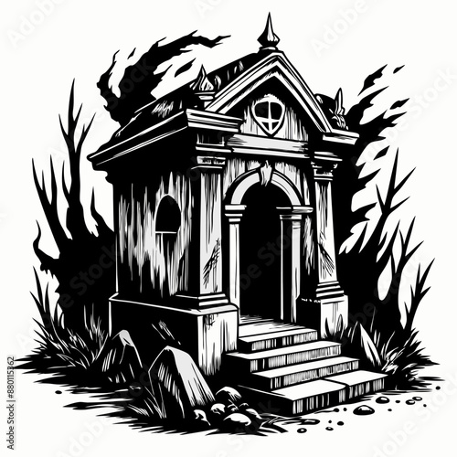 Haunted Gothic Mausoleum Illustration Amidst Spooky Forest