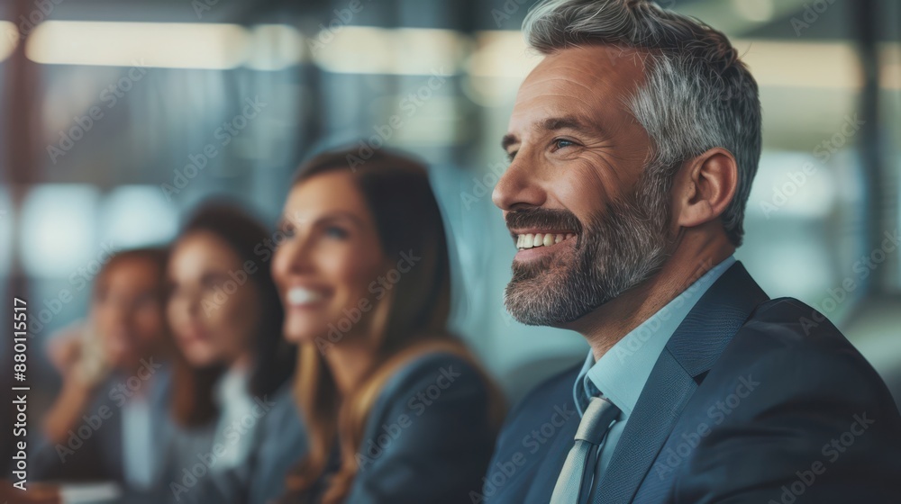 A man with a beard and a blue suit is smiling at the camera A man with a beard and a blue suit is smiling at the camera