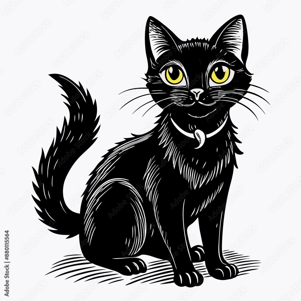 Adorable Black Cat with Yellow Eyes and Curved Tail in Vintage Illustration Style Adorable Black Cat with Yellow Eyes and Curved Tail in Vintage Illustration Style