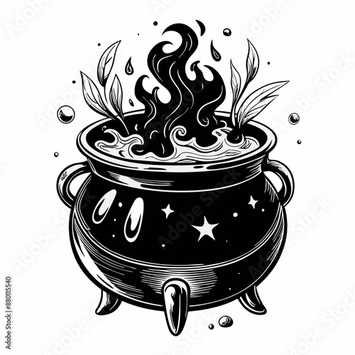 Mystical Cauldron with Magical Flames and Leaves in Monochrome Illustration