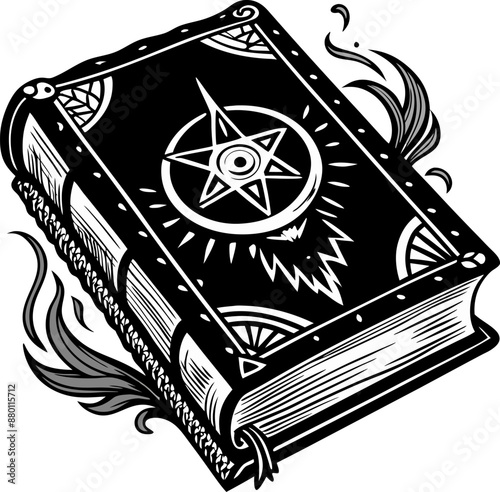 Mystical Grimoire with Pentacle Symbol and Decorative Feathers   Black and White Illustration