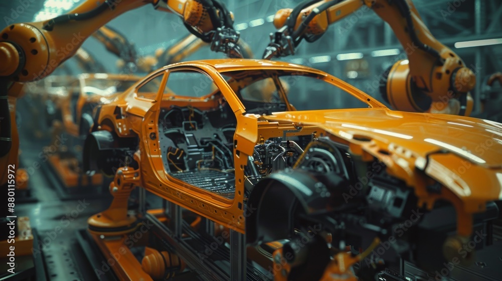 Fototapeta premium Advanced Car Production Line: Robotic Arms Assembling Half-Complete Vehicle Shells in an Industrial Factory.
