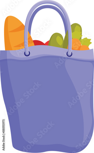 Purple reusable shopping bag full of fresh vegetables and bread