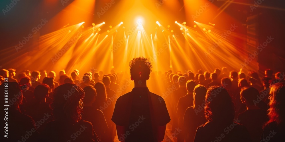 People Watching Concert Under Vibrant Orange Lighting in Energetic Atmosphere