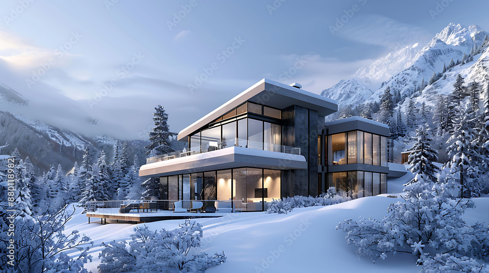 A sleek Scandinavian luxury home exterior with large glass windows, minimalist design, surrounded by snow-capped trees A sleek Scandinavian luxury home exterior with large glass windows, minimalist design, surrounded by snow-capped trees