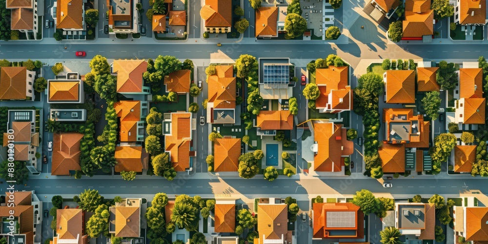 Fototapeta premium A street view of a residential neighborhood with many houses and trees