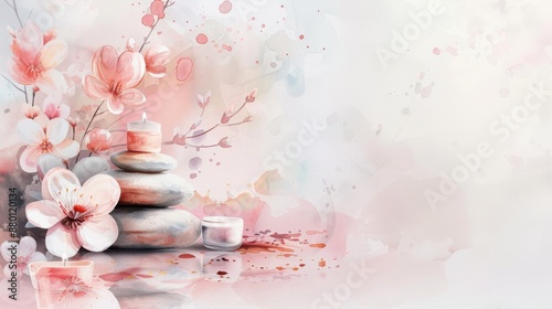 Serene spa scene with pink flowers, smooth stones, and candles on a soft, delicate background for relaxation and wellness concepts.