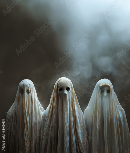 Three ghosts are standing in front of a foggy background
