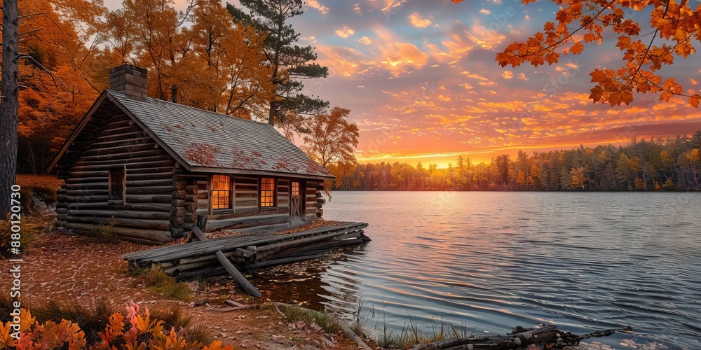 Fototapeta premium Cozy Log Cabin Beside Serene Lake at Sunset with Autumn Foliage
