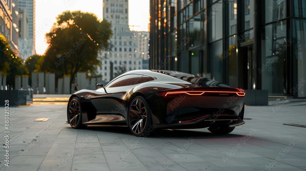 Curvy, stylish car with a captivating appearance, aerodynamic design highlighting its charm, set against a stunning urban backdrop Curvy, stylish car with a captivating appearance, aerodynamic design highlighting its charm, set against a stunning urban backdrop