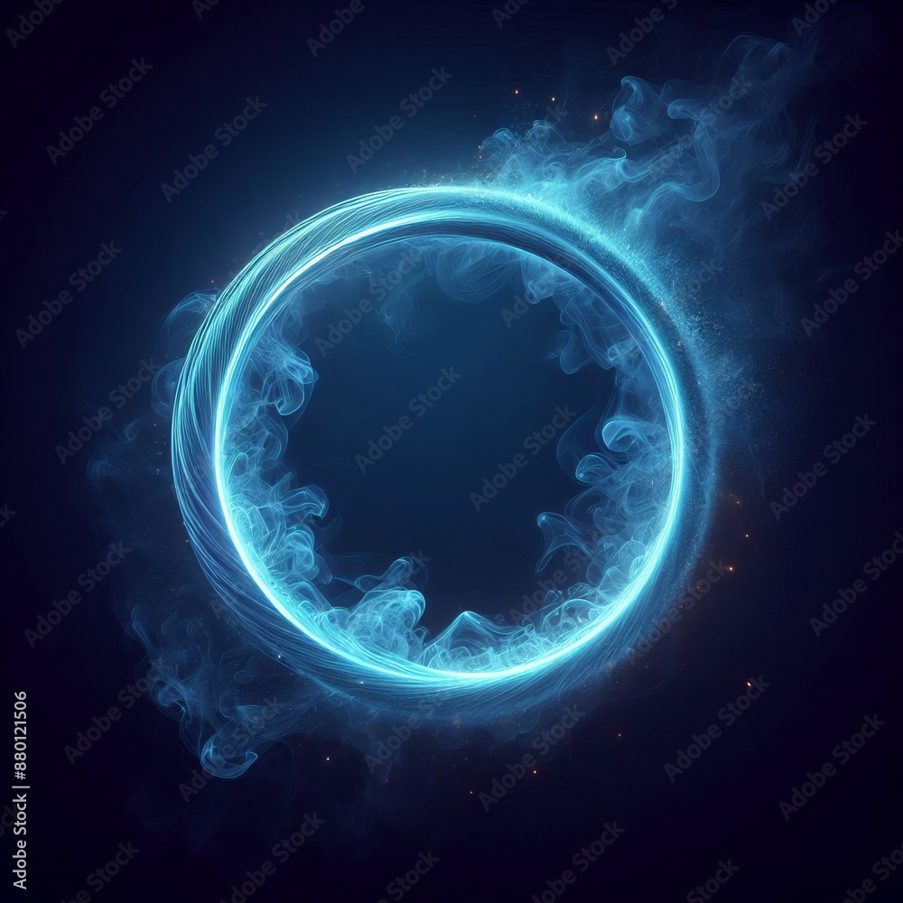 Fototapeta premium Abstract blue circle with smoke and glowing isolated black background